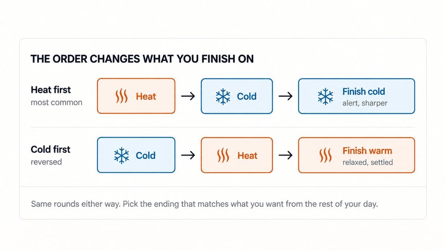 Illustrative diagram comparing heat-first versus cold-first contrast order: heat then cold often finishes cold and alert; cold then heat often finishes warm and settled