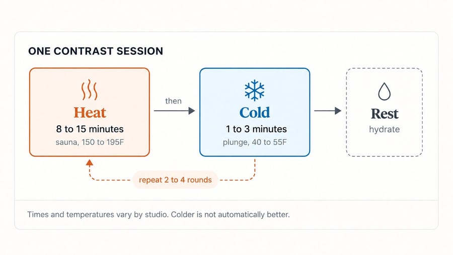 Illustrative diagram of one contrast session: heat for 8 to 15 minutes, cold for 1 to 3 minutes, repeat 2 to 4 rounds, then rest and hydrate