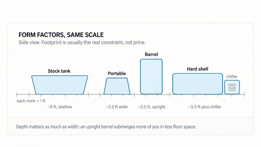 Illustrative diagram of cold plunge form factors including tubs and barrels