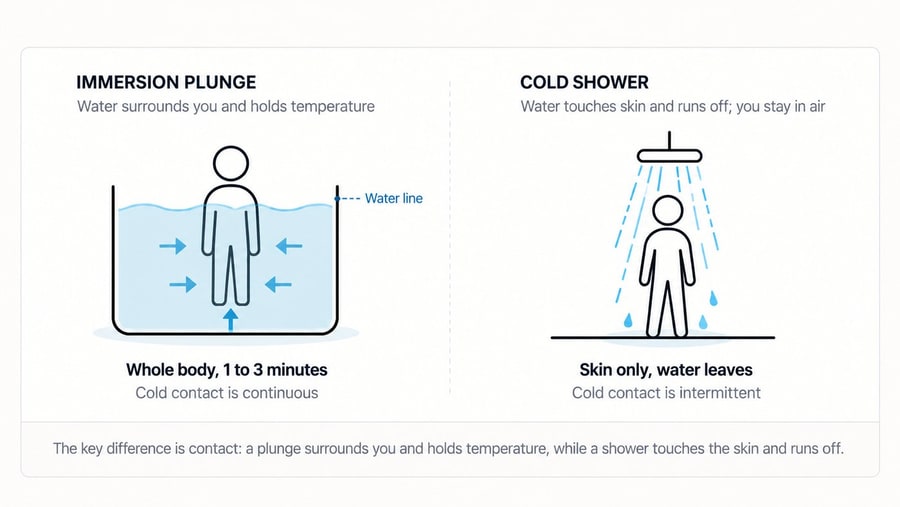 Illustrative diagram comparing immersion cold plunge versus cold shower: a plunge surrounds the body and holds temperature; a shower touches the skin and runs off
