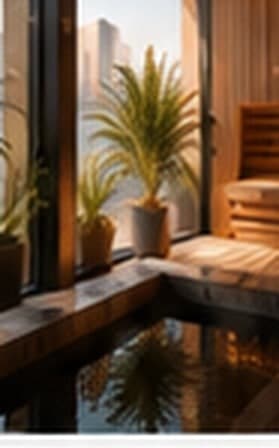 Cold plunge, plants, and wood sauna interior at Pause Studio Los Angeles