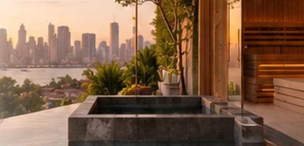 Cold plunge and wood sauna overlooking the city skyline at Pause Studio Los Angeles