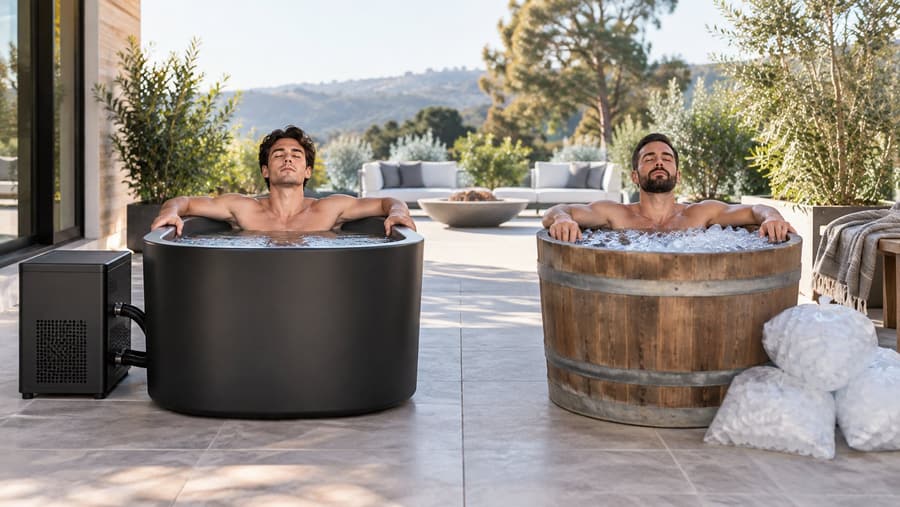 Illustrative editorial comparison of a chilled cold plunge tub beside an ice-filled barrel