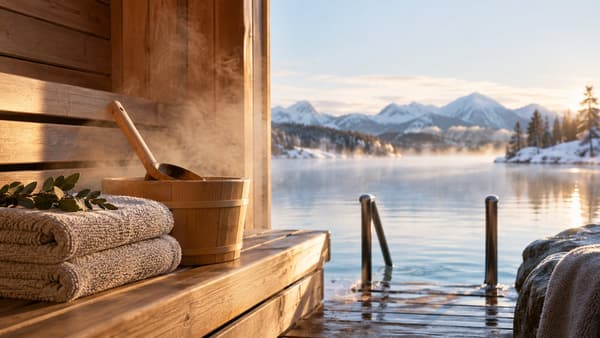 Illustrative editorial photo of sauna towels, a wooden bucket, and cold plunge water
