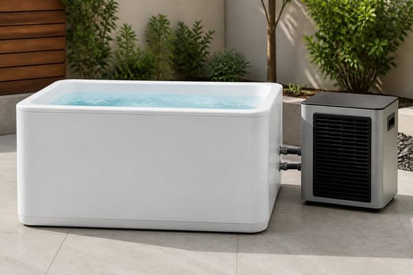 Rectangular home cold plunge tub with chiller unit (illustrative)