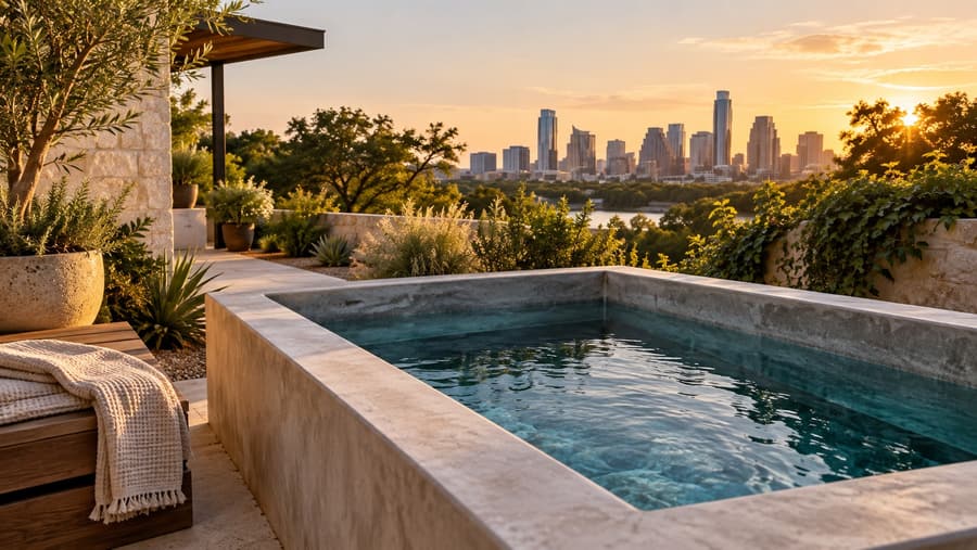 Outdoor cold plunge tub at golden hour (illustrative) for Austin