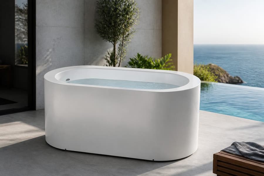 Illustrative outdoor home sauna and cold plunge setup in a backyard