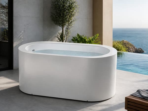 Illustrative outdoor contrast setup with sauna and cold plunge nearby