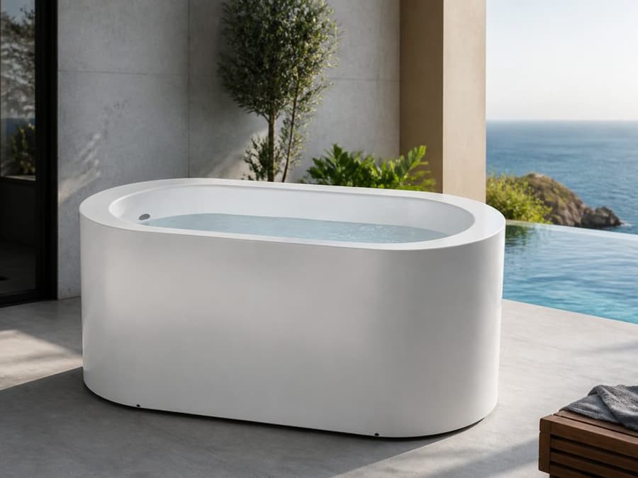 Illustrative outdoor sauna cabin beside a cold plunge