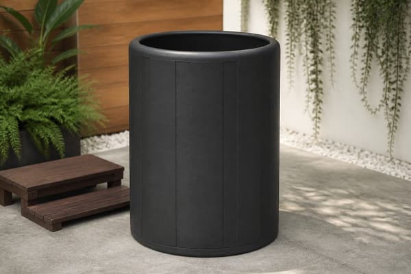 Vertical insulated cold plunge barrel (illustrative)