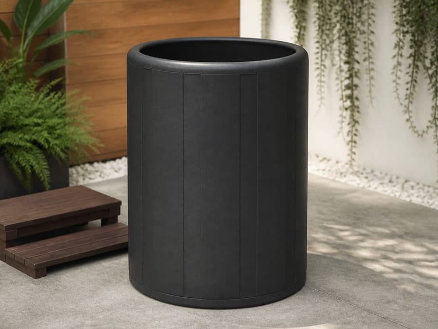 Vertical insulated cold plunge barrel (illustrative)
