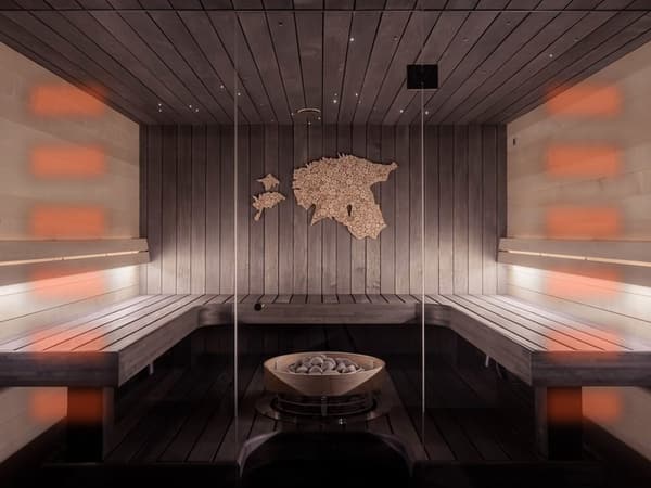 Indoor infrared sauna cabin with panel glow (illustrative)