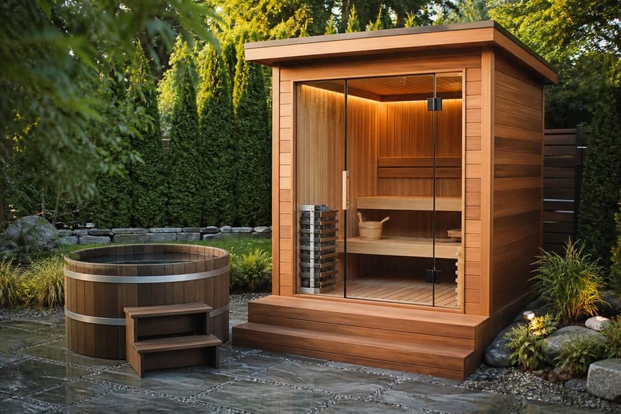 Outdoor cedar sauna cabin with cold plunge nearby (illustrative)