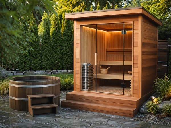Outdoor home sauna cabin (illustrative)