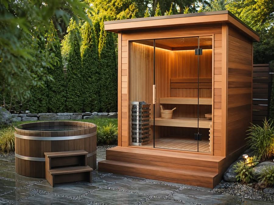 Outdoor cedar sauna cabin with cold plunge nearby (illustrative)