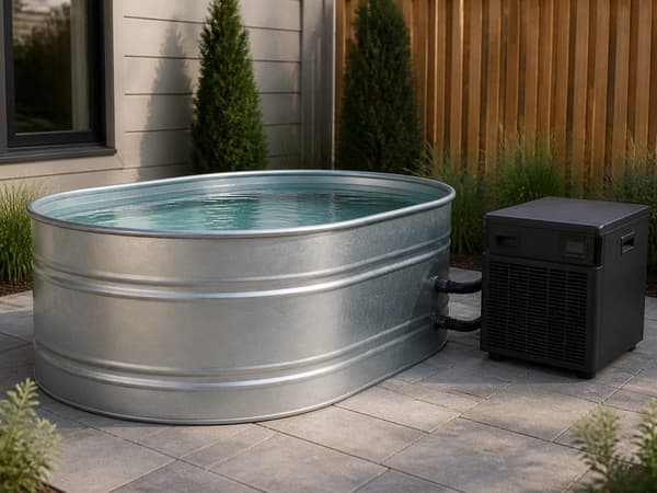 Galvanized stock tank cold plunge with chiller (illustrative)
