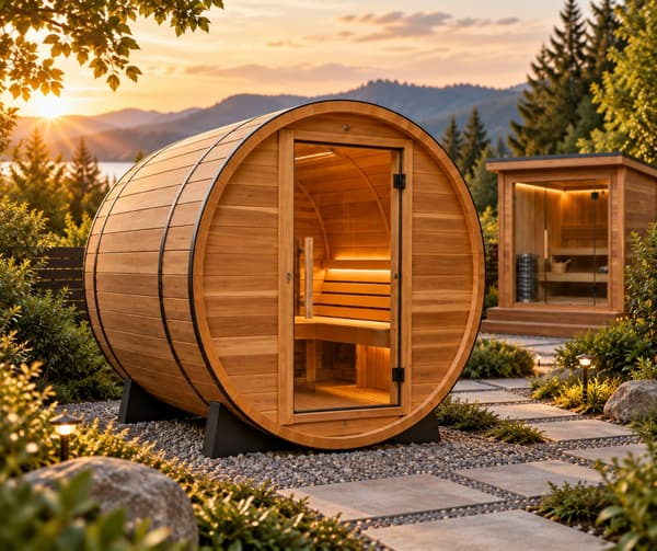 Outdoor barrel sauna and glass-front cabin sauna at sunset (illustrative)