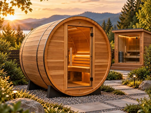 Outdoor barrel sauna and glass-front cabin sauna at sunset (illustrative)