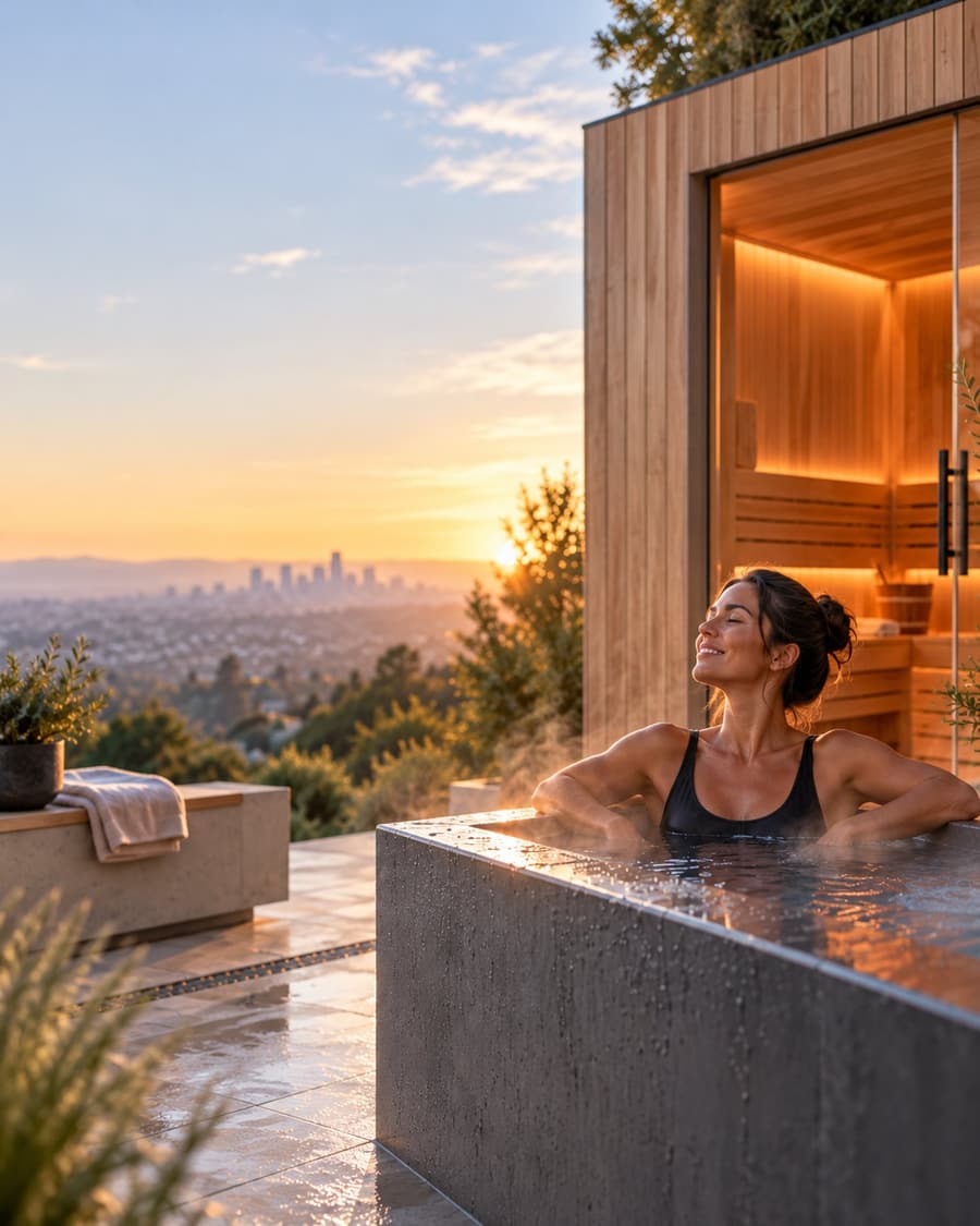 Cold plunge and wood sauna at sunset overlooking a city skyline