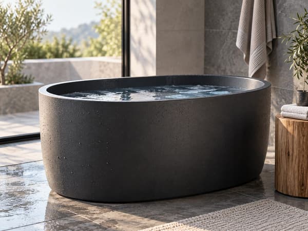 Freestanding cold plunge tub in a bright spa room