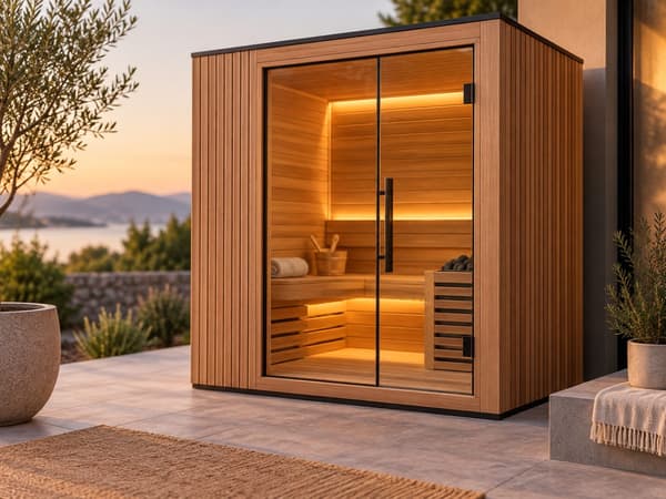 Outdoor wood sauna with glass doors at sunset