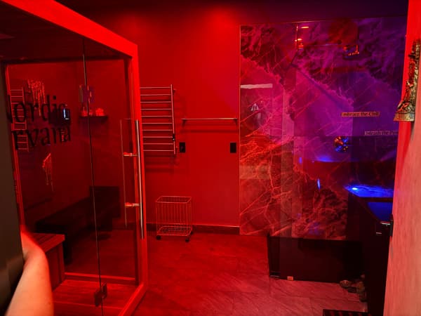 Nordic Nirvana private suite with glass sauna, blue-lit cold plunge, and red light panel