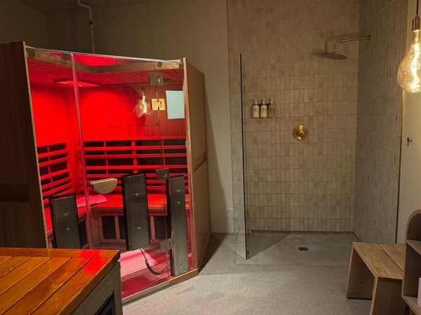 Pause Studio City Clearlight suite with brass rain shower