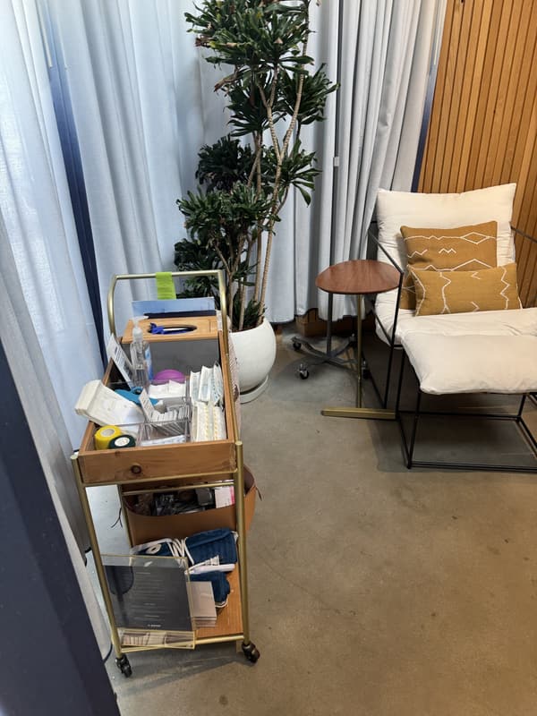 Lounge chair and prep area inside Pause West Hollywood